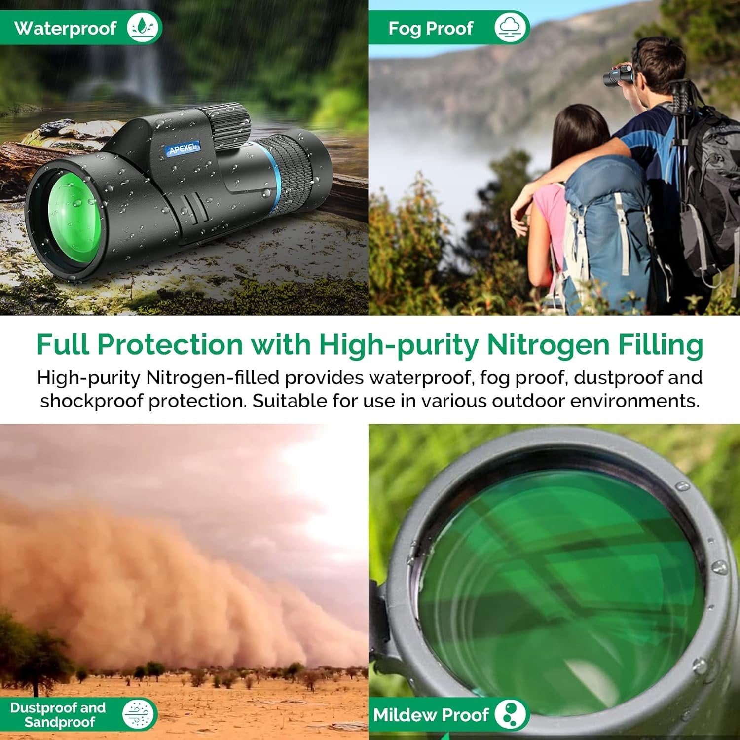Apexel HD Monokulaari 10–20x50 HD Zoom, BAK4/FMC, vedenkestävä ja kevyt heikon valaistuksen yönäöllä vaellukseen, lintujen tarkkailuun, retkeilyyn ja eläinten havainnointiin