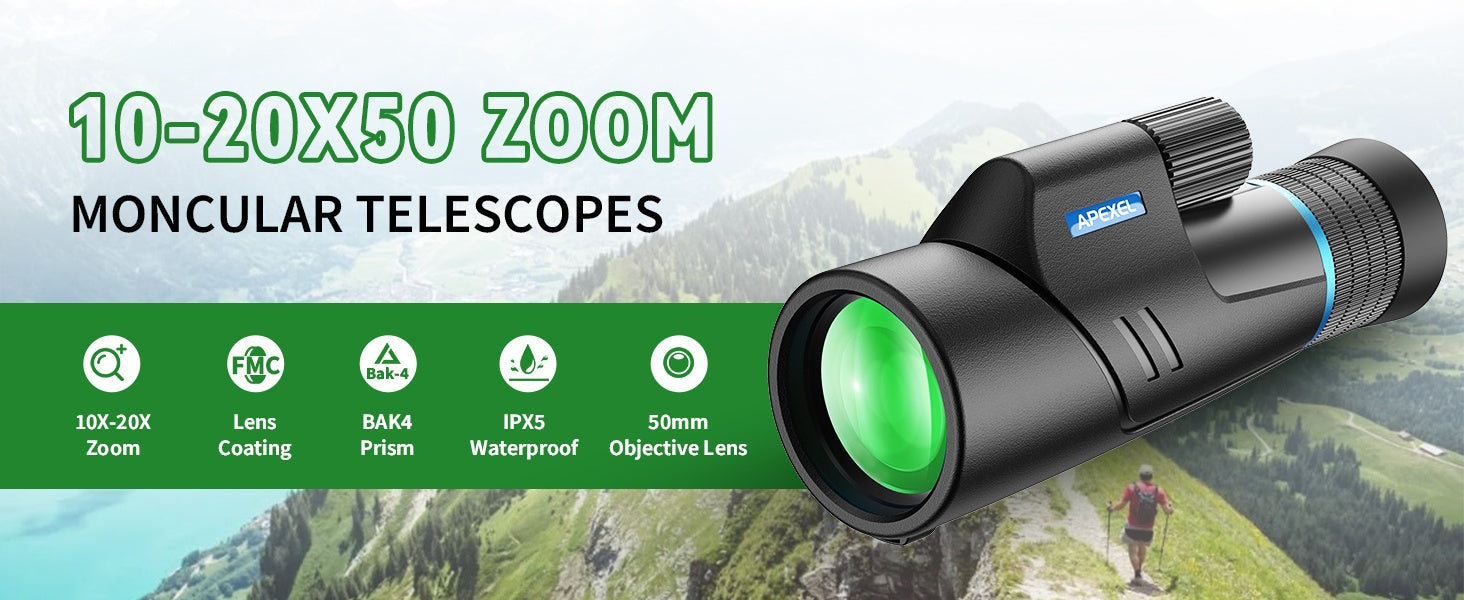 Apexel HD Monokulaari 10–20x50 HD Zoom, BAK4/FMC, vedenkestävä ja kevyt heikon valaistuksen yönäöllä vaellukseen, lintujen tarkkailuun, retkeilyyn ja eläinten havainnointiin