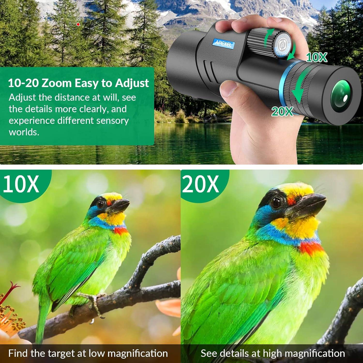 Apexel HD Monokulaari 10–20x50 HD Zoom, BAK4/FMC, vedenkestävä ja kevyt heikon valaistuksen yönäöllä vaellukseen, lintujen tarkkailuun, retkeilyyn ja eläinten havainnointiin