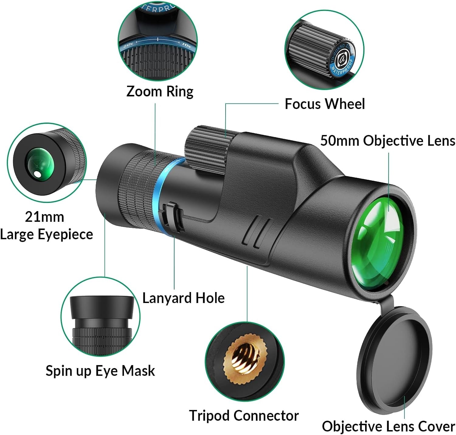 Apexel HD Monokulaari 10–20x50 HD Zoom, BAK4/FMC, vedenkestävä ja kevyt heikon valaistuksen yönäöllä vaellukseen, lintujen tarkkailuun, retkeilyyn ja eläinten havainnointiin