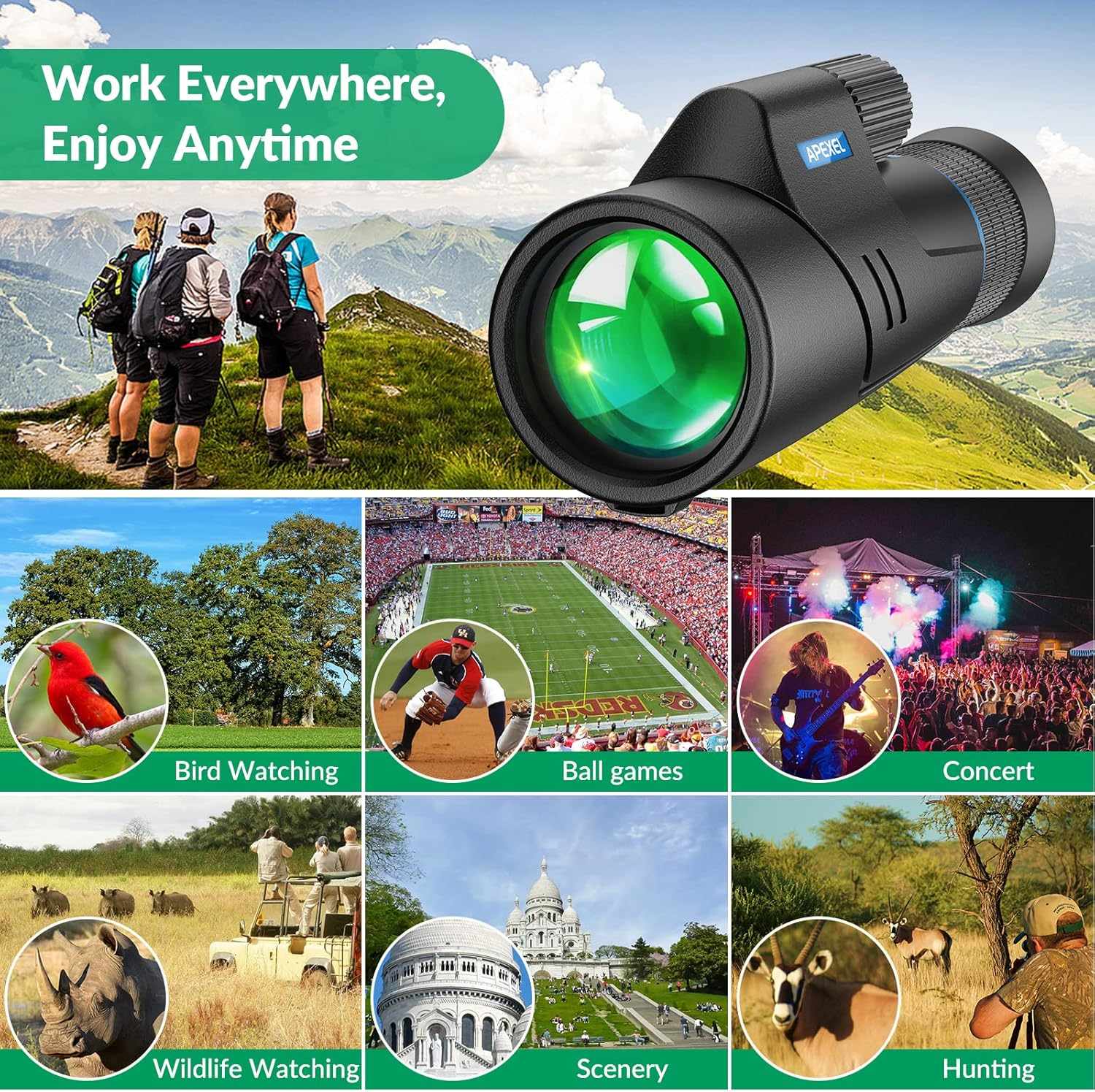 Apexel HD Monokulaari 10–20x50 HD Zoom, BAK4/FMC, vedenkestävä ja kevyt heikon valaistuksen yönäöllä vaellukseen, lintujen tarkkailuun, retkeilyyn ja eläinten havainnointiin