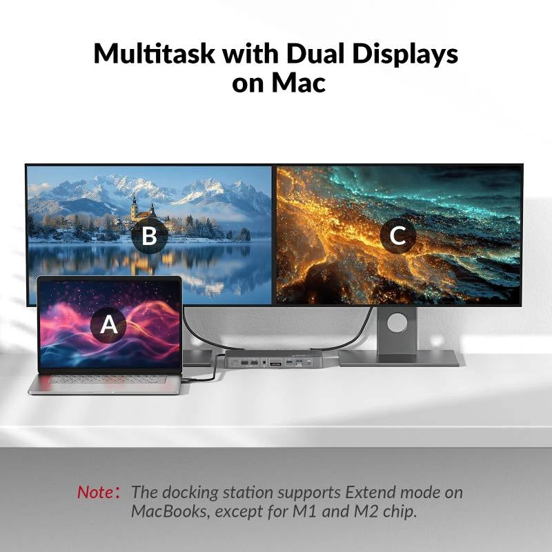 AV Access iDock M10 USB-C KVM-Switch Telakointiasema 2 to 2 MacBookille, Kaksi 4K HDMI-näyttöä, 1x Kannettava + 1x PC, 100W Lataus