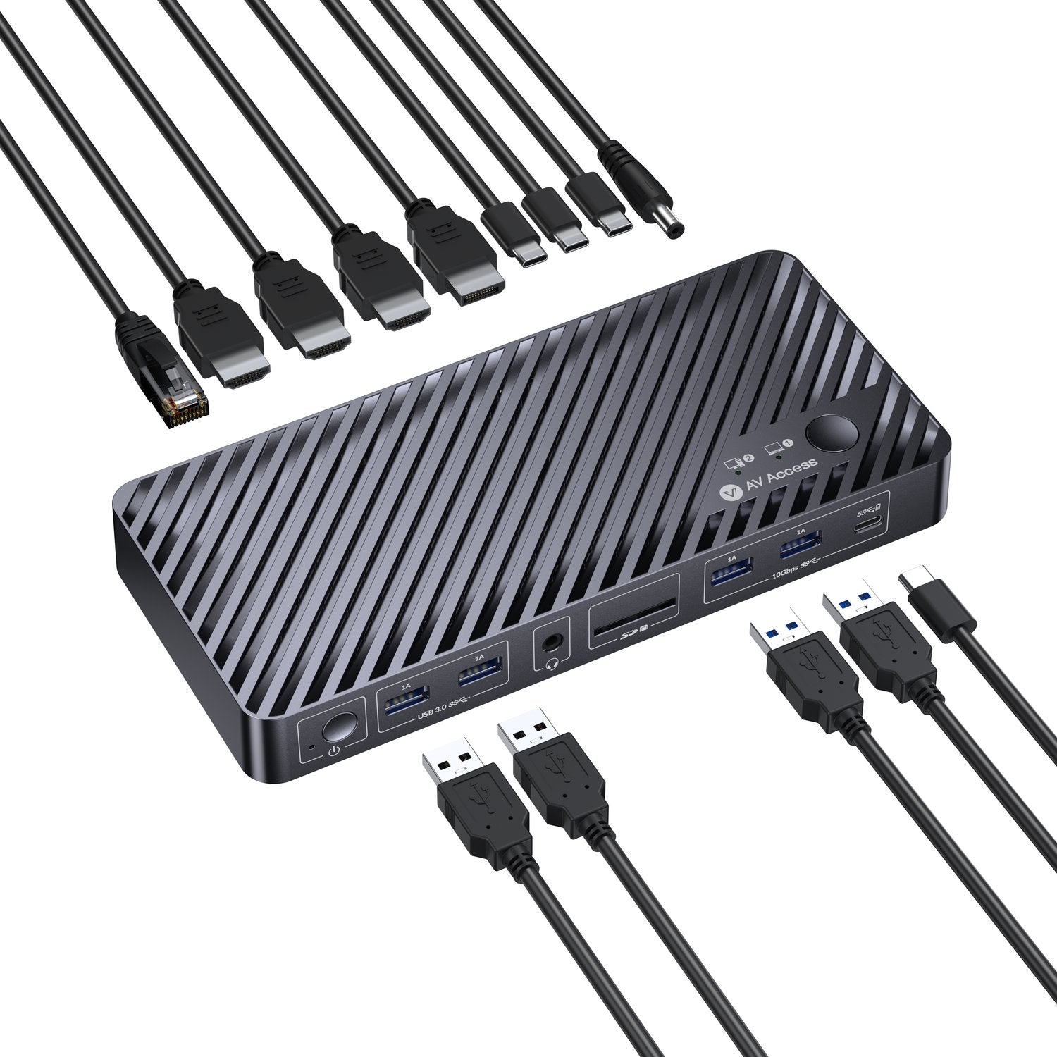 AV Access iDock M10 USB-C KVM-Switch Telakointiasema 2 to 2 MacBookille, Kaksi 4K HDMI-näyttöä, 1x Kannettava + 1x PC, 100W Lataus