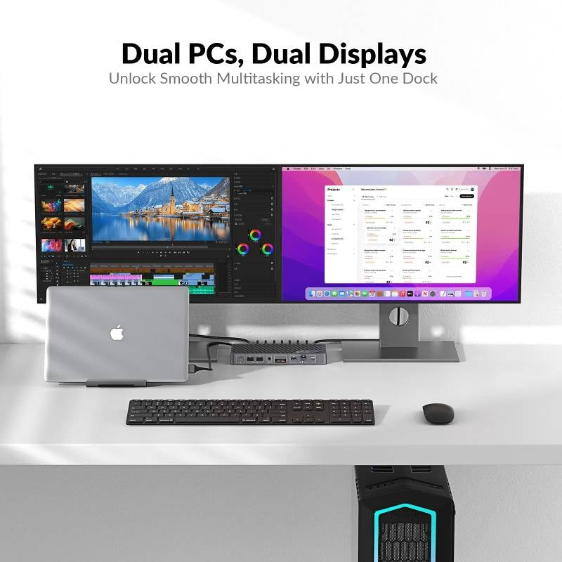 AV Access iDock M10 USB-C KVM-Switch Telakointiasema 2 to 2 MacBookille, Kaksi 4K HDMI-näyttöä, 1x Kannettava + 1x PC, 100W Lataus