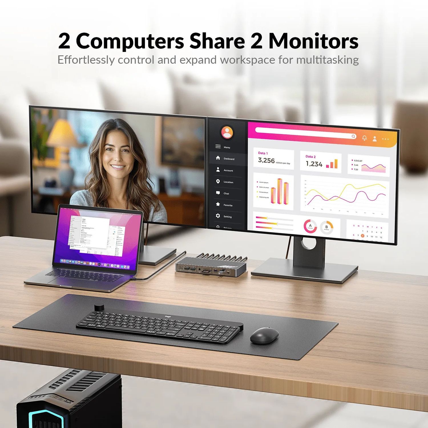AV Access iDock B10 USB-C KVM-Switch Telakointiasema 2:stä 2:een yhdelle Kannettavalle & yhdelle Pöytäkoneelle, 8K@60Hz Kaksinäyttö, 100W Lataus, USB 3.2, 1G Ethernet