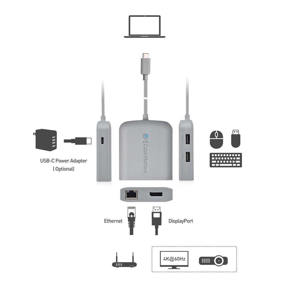 Cable Matters 1-5 telakointiasema 1xDP 4K60Hz, 1xRJ45 Ethernet 2xUSB-A 1xUSB-C PD 60W Toimii Chromebook-sertifioidun kanssa