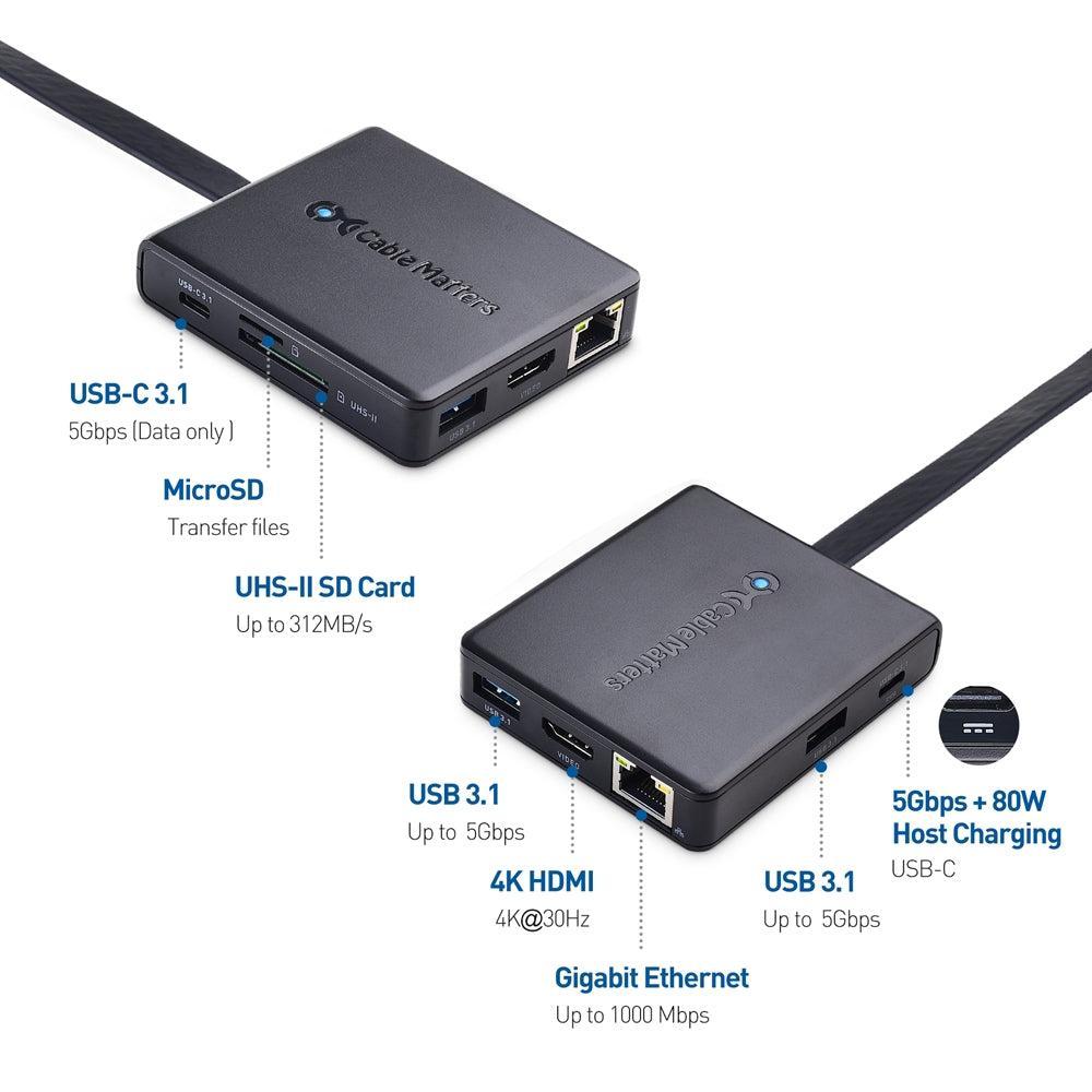 Cable Matters 1–8 USB-C-telakointiasema HDMI 4K30Hz PD80W 2xUSB-C 5Gbps RJ45 Giga Lan Micro SD ja SD-kortti