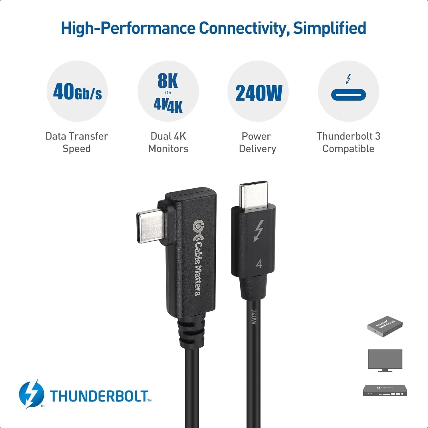 Cable Matters 80cm Intel-sertifioitu kulmikas Thunderbolt 4 -kaapeli, 40Gbps, 8K, 240W, yhteensopiva USB 4:n, Thunderbolt 3:n ja USB-C:n kanssa