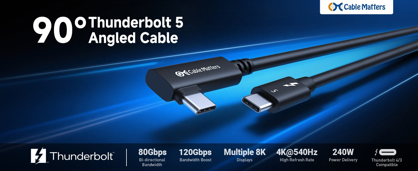 Cable Matters Intel Sertifioitu 80G Thunderbolt 5 Kaapeli kulmaplugi 240W latausteho - 0,8m, Yhteensopiva Thunderbolt 4, USB4 ja USB-C kanssa, Musta