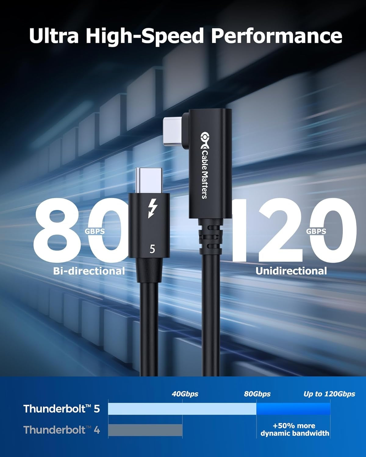 Cable Matters Intel Sertifioitu 80G Thunderbolt 5 Kaapeli kulmaplugi 240W latausteho - 0,8m, Yhteensopiva Thunderbolt 4, USB4 ja USB-C kanssa, Musta