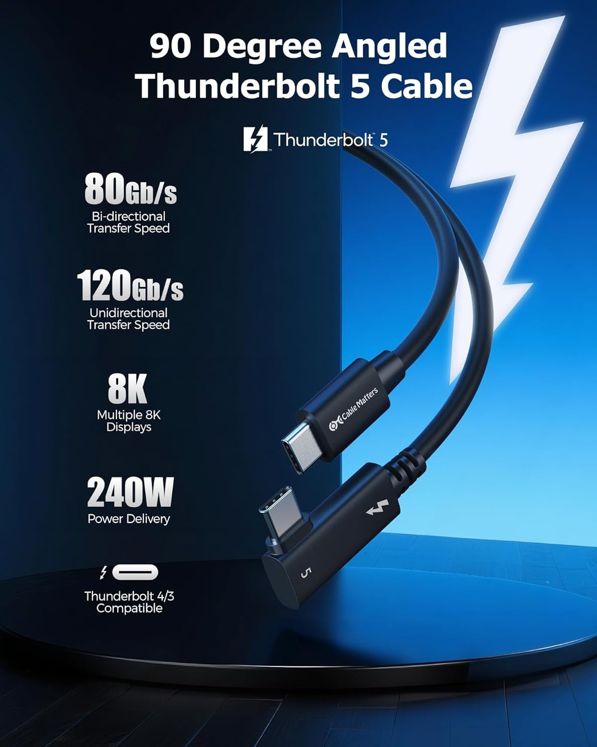 Cable Matters Intel Sertifioitu 80G Thunderbolt 5 Kaapeli kulmaplugi 240W latausteho - 0,8m, Yhteensopiva Thunderbolt 4, USB4 ja USB-C kanssa, Musta