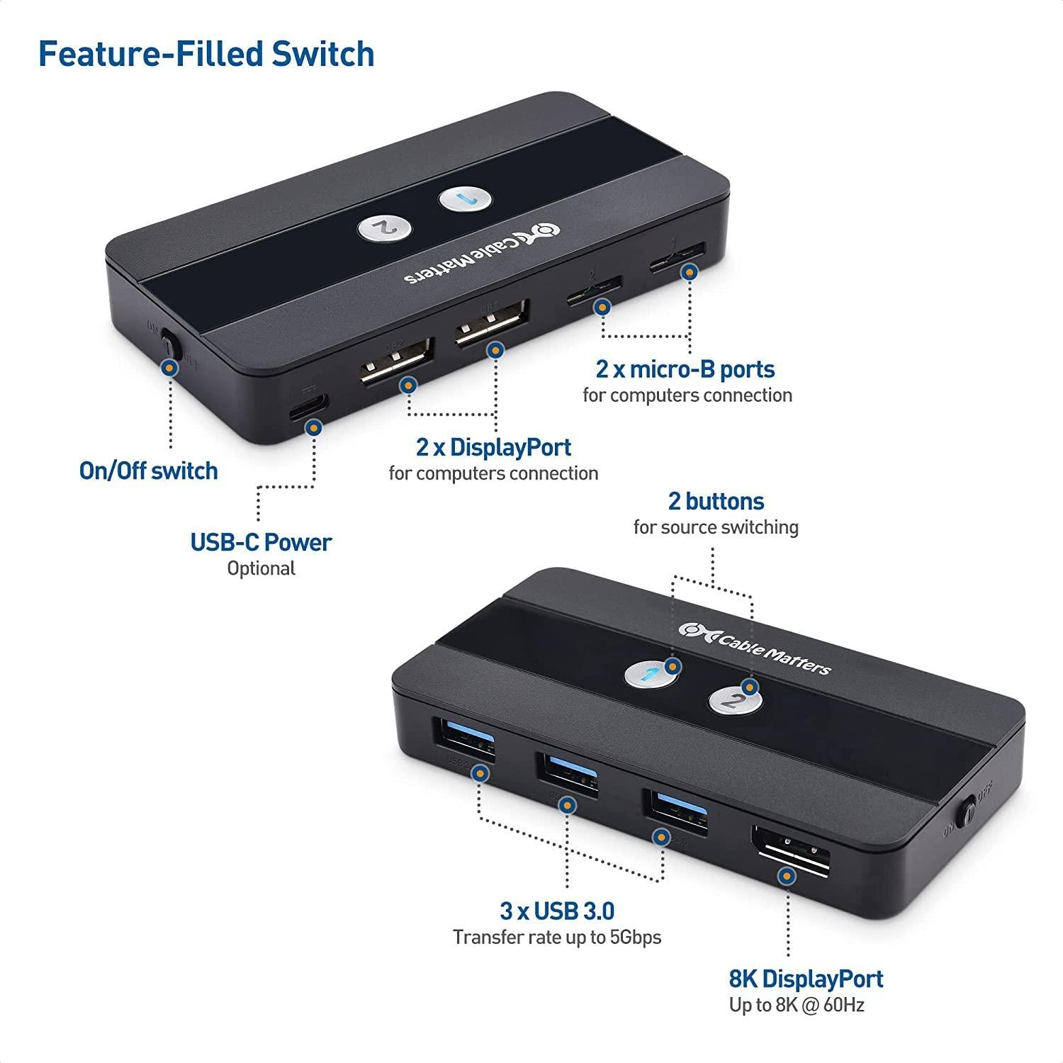 Cable Matters KVM-kytkin 2–1 Displayport 1.4 8K60Hz 4K120Hz 3xUSB3.0, 5Gbps