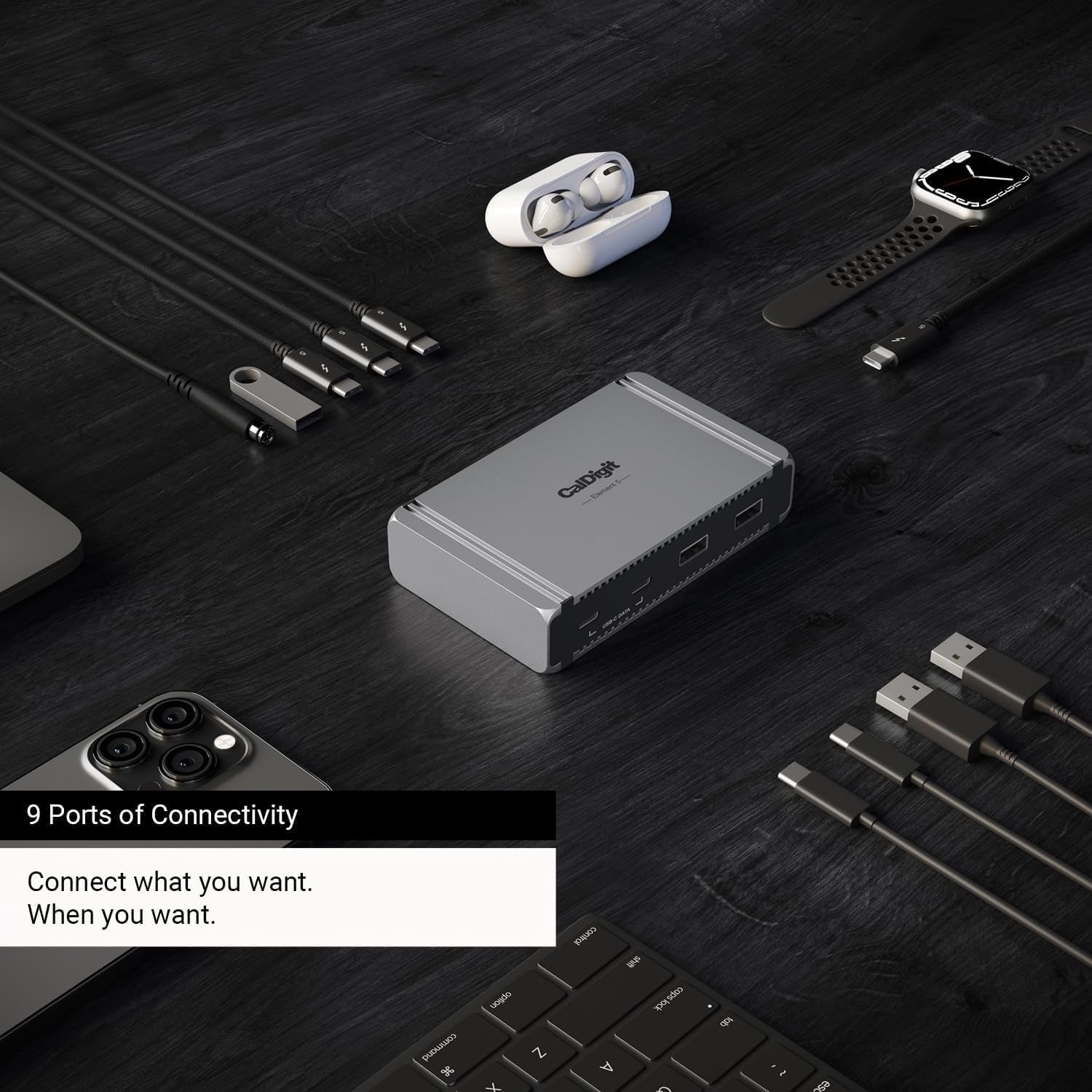 CalDigit E5 Thunderbolt 5 Element 5 Hub 9-porttinen 4x Thunderbolt 5/USB4 v2-porttia 3x USB-A & 2x USB-C 10G, Single 8K, Dual 6K/8K, Dual 4K@240Hz, 90W
