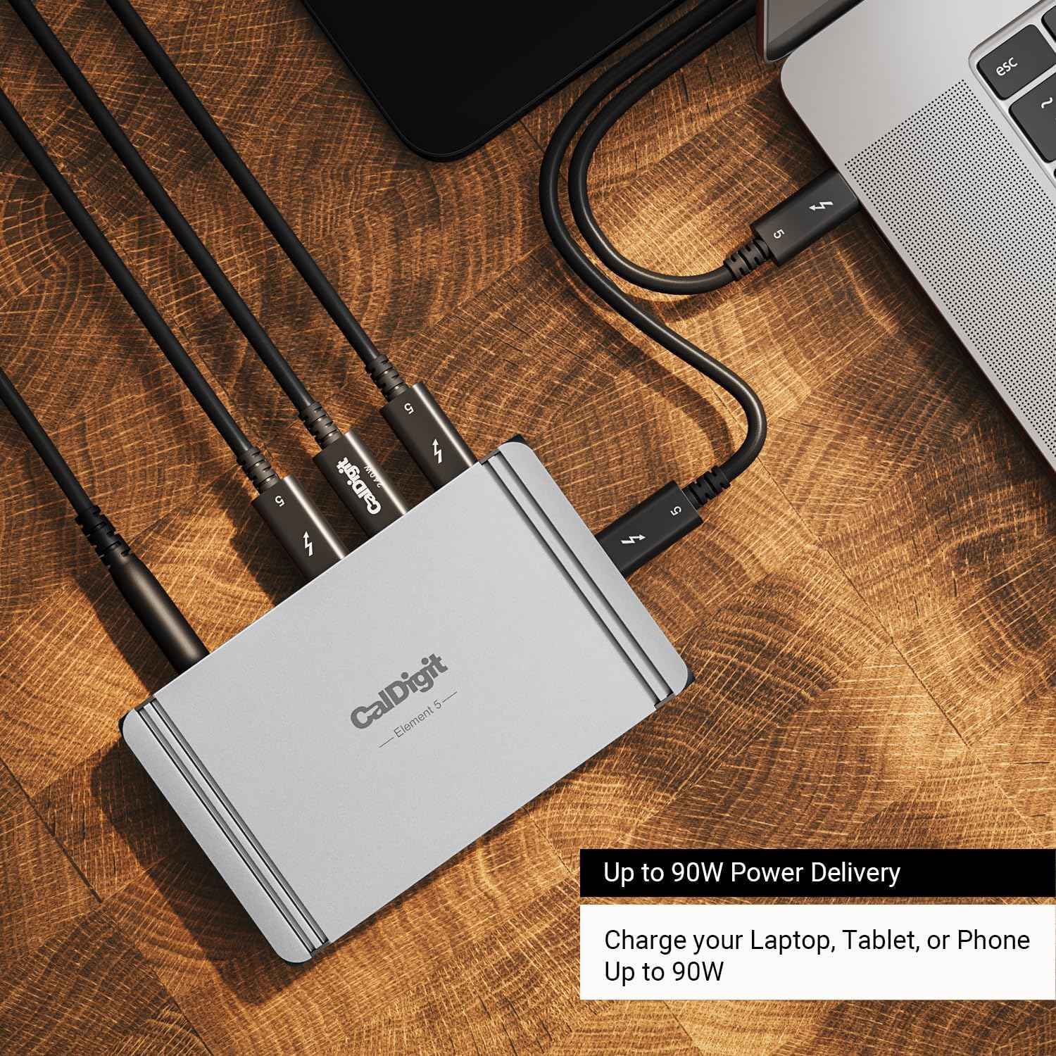 CalDigit E5 Thunderbolt 5 Element 5 Hub 9-porttinen 4x Thunderbolt 5/USB4 v2-porttia 3x USB-A & 2x USB-C 10G, Single 8K, Dual 6K/8K, Dual 4K@240Hz, 90W