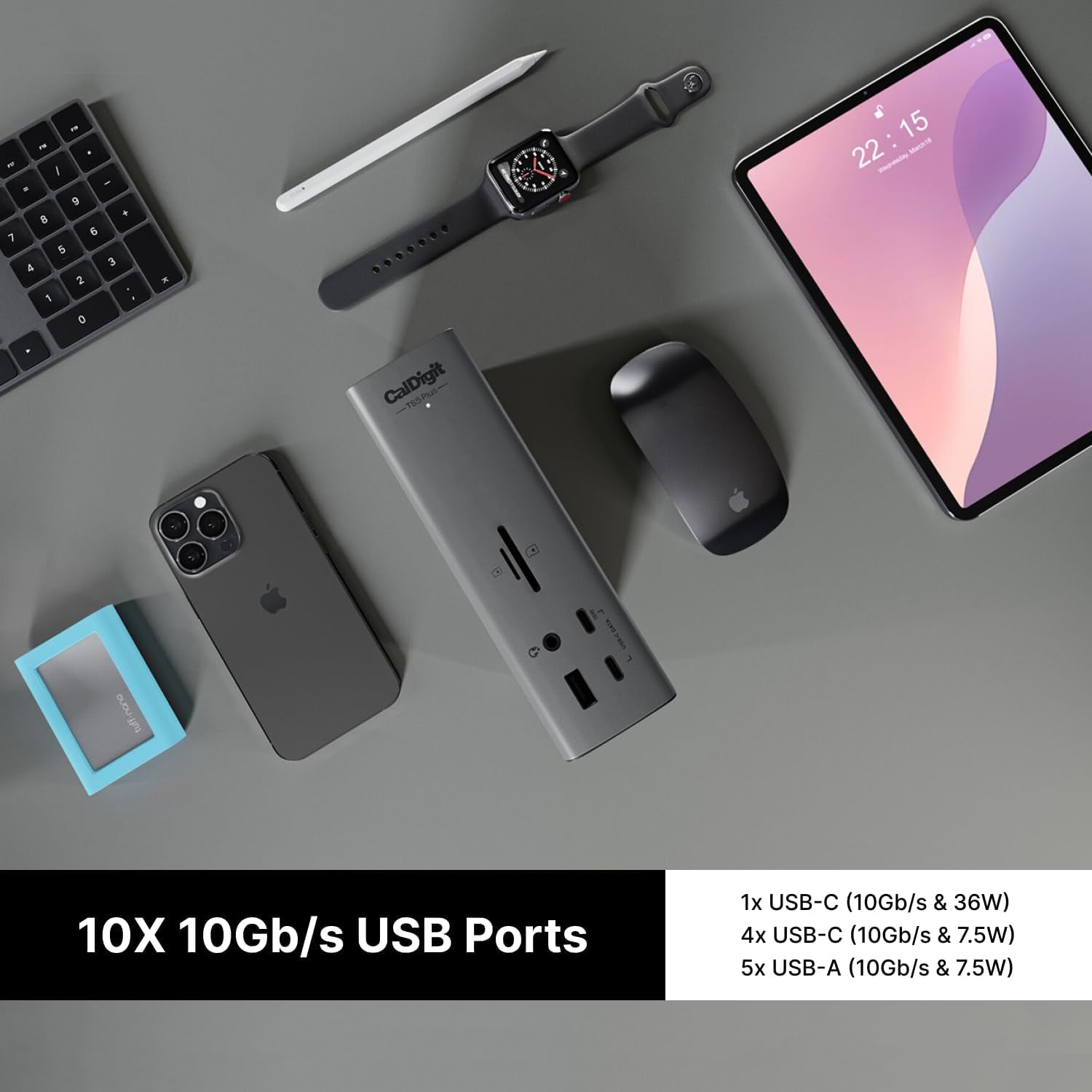 CalDigit TS5 Plus - 20 Porttia Thunderbolt 5 Telakointiasema, 140W Lataus, 3X 80Gb/s Thunderbolt 5, 10x 10Gb/s USB Porttia