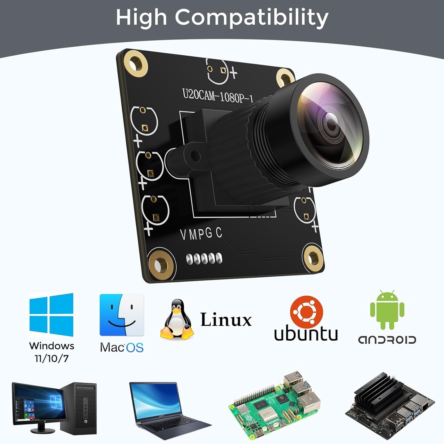 USB 2.0 1080p -kameramoduuli 130° laajakulmalla PC:lle, Raspberry Pi:lle, Jetson Nanolle ja SBC-laitteille