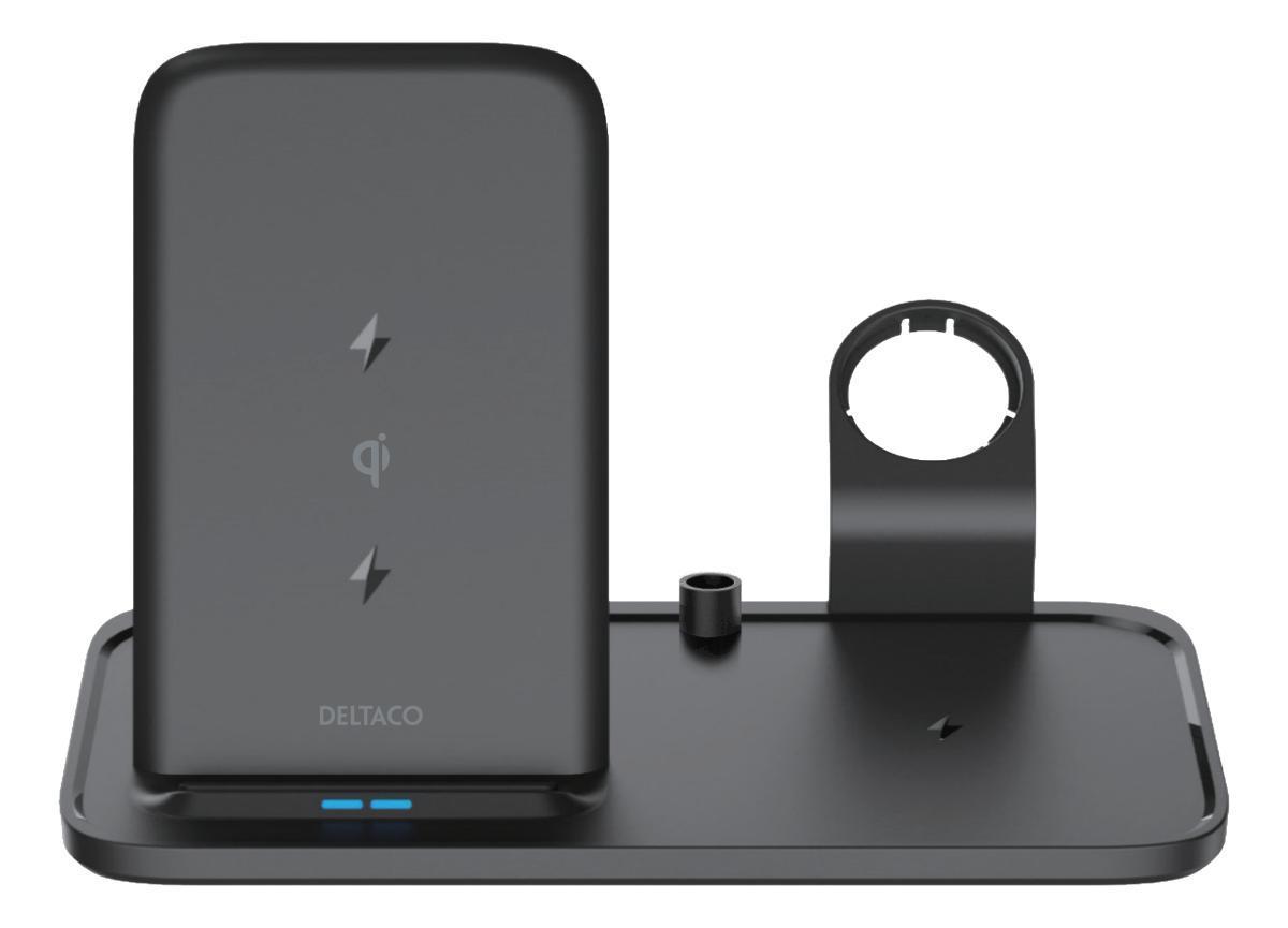 DELTACO 2-in-1 langaton laturi, 10 W, USB-C, Qi-sertifioitu, kaksi LED-merkkivaloa, musta
