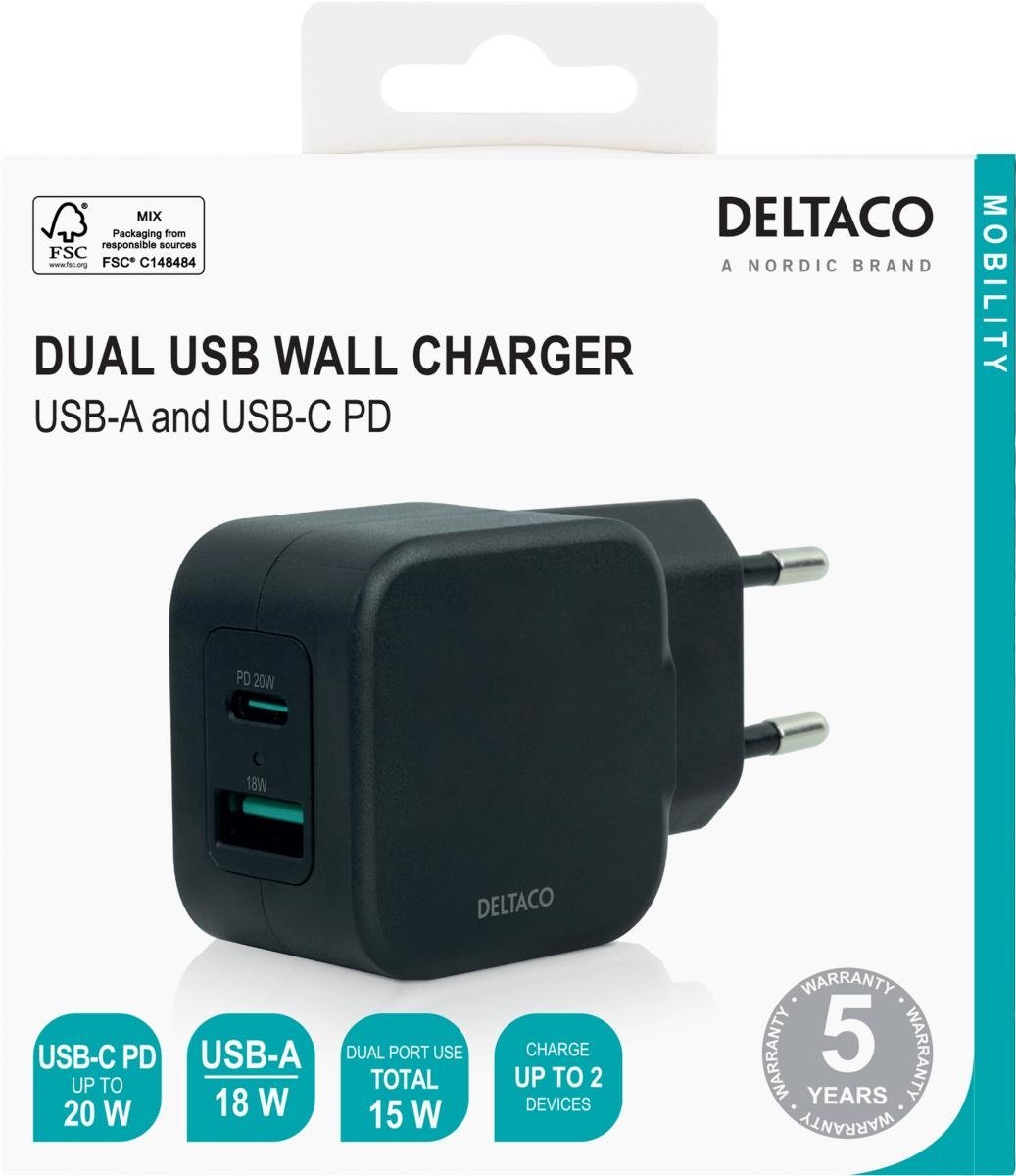 DELTACO Dual USB -seinälaturi USB-A 18W ja USB-C PD 20W