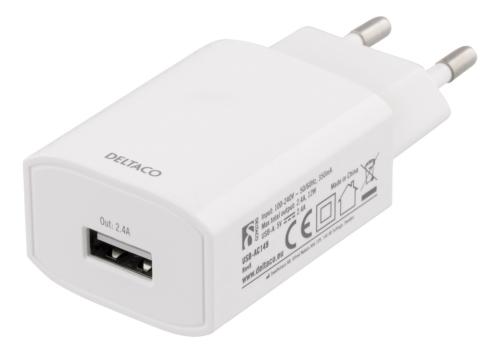 DELTACO USB-A Seinälaturi, 100-240 V, 5 V, 2,4 A, valkoinen