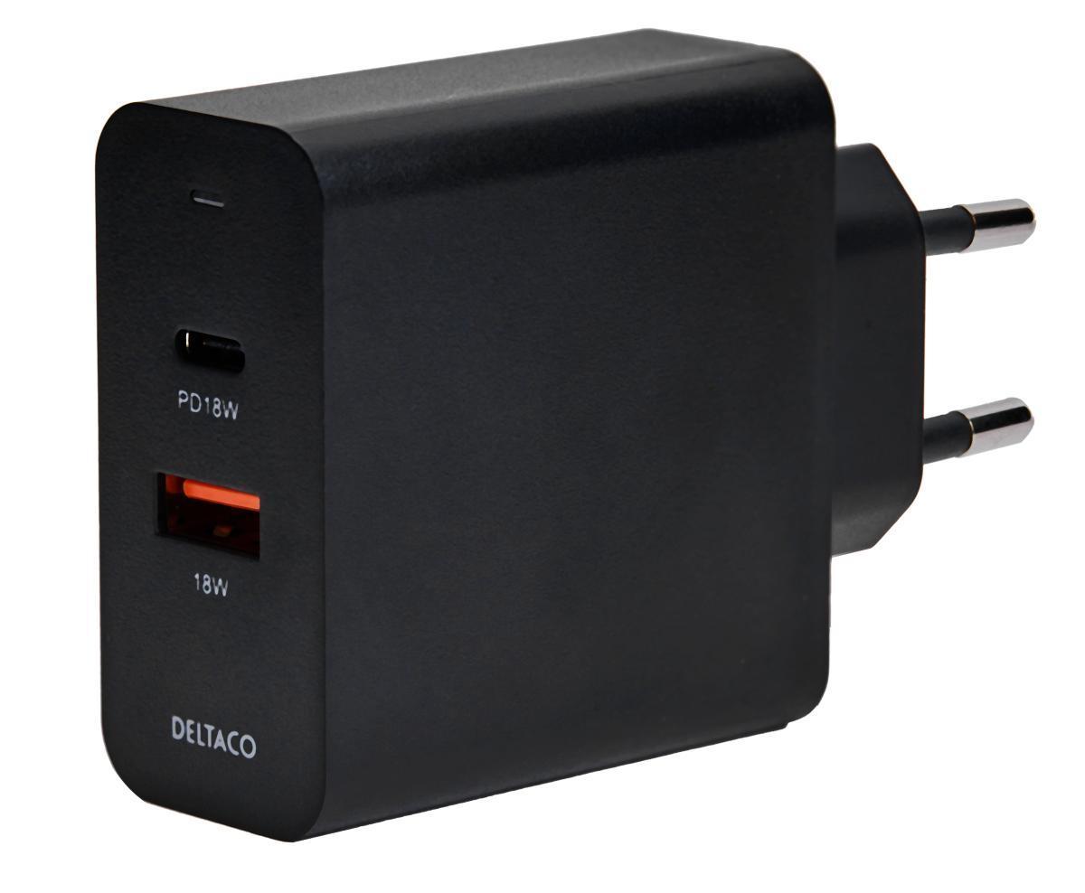 DELTACO USB-seinälaturi kahdella portilla ja PD, 1x USB-A, 1x USB-C, PD, 36 W, musta