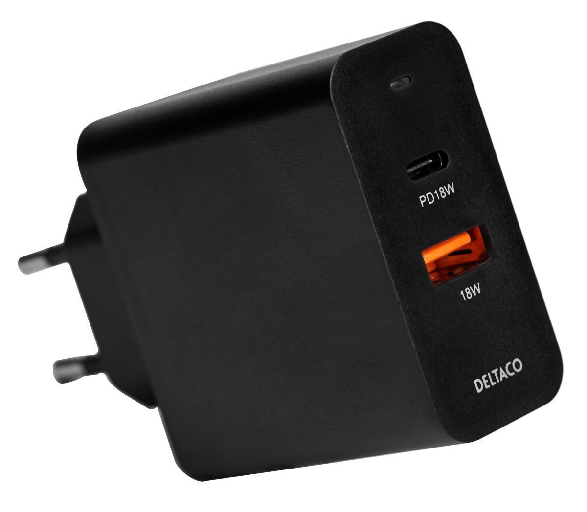 DELTACO USB-seinälaturi kahdella portilla ja PD, 1x USB-A, 1x USB-C, PD, 36 W, musta