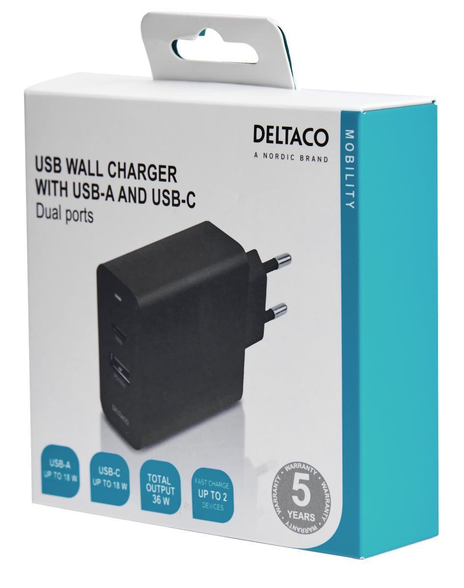 DELTACO USB-seinälaturi kahdella portilla ja PD, 1x USB-A, 1x USB-C, PD, 36 W, musta