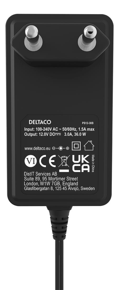 DELTACO Verkkosovitin, 100-240V AC 50/60 Hz - 12V DC, 3A, 1,5m kaapeli, musta