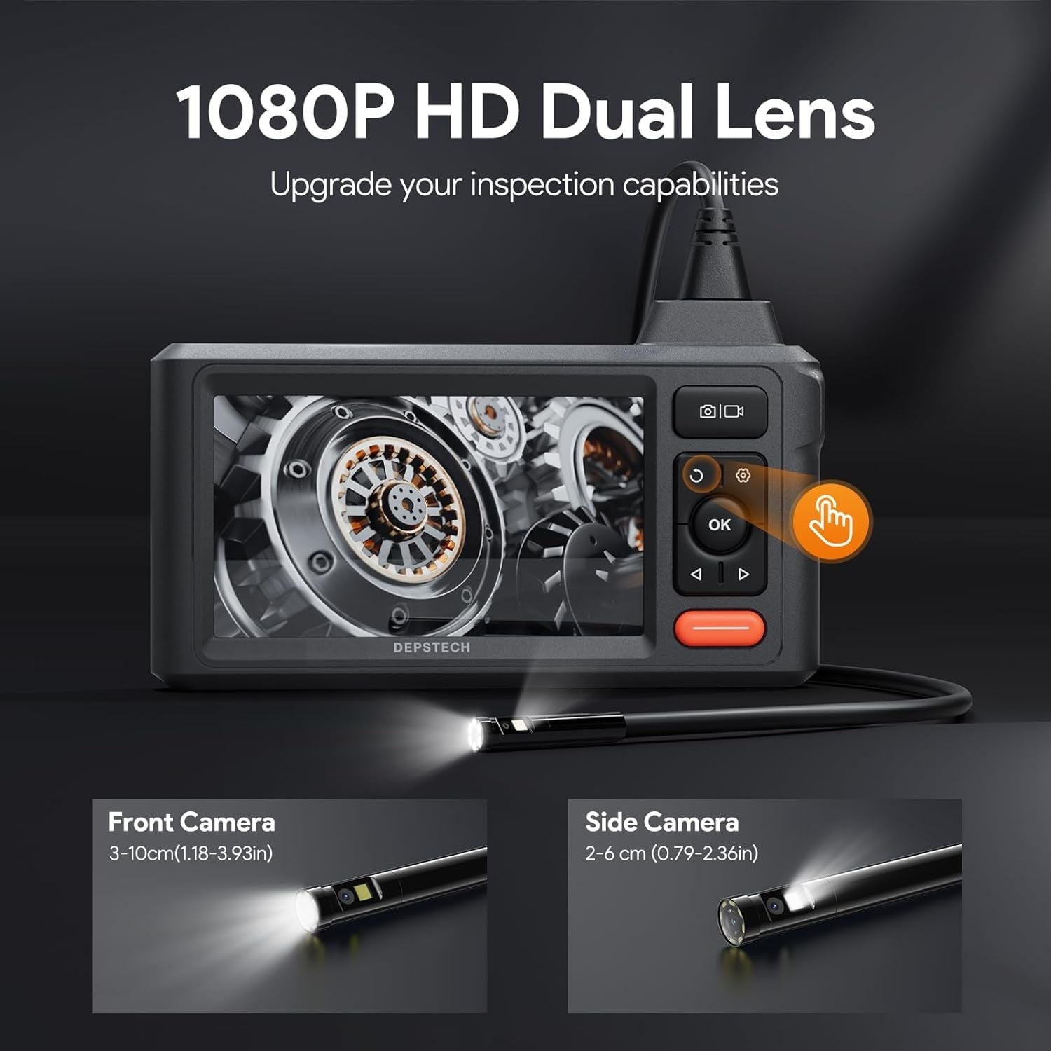 NÖRDIC Dual-Lens Endo-/Borescope 1080P digitaalinen tarkastuskamera, 5 m kaapeli 7,9 mm IP67 4,3" IPS-näyttö