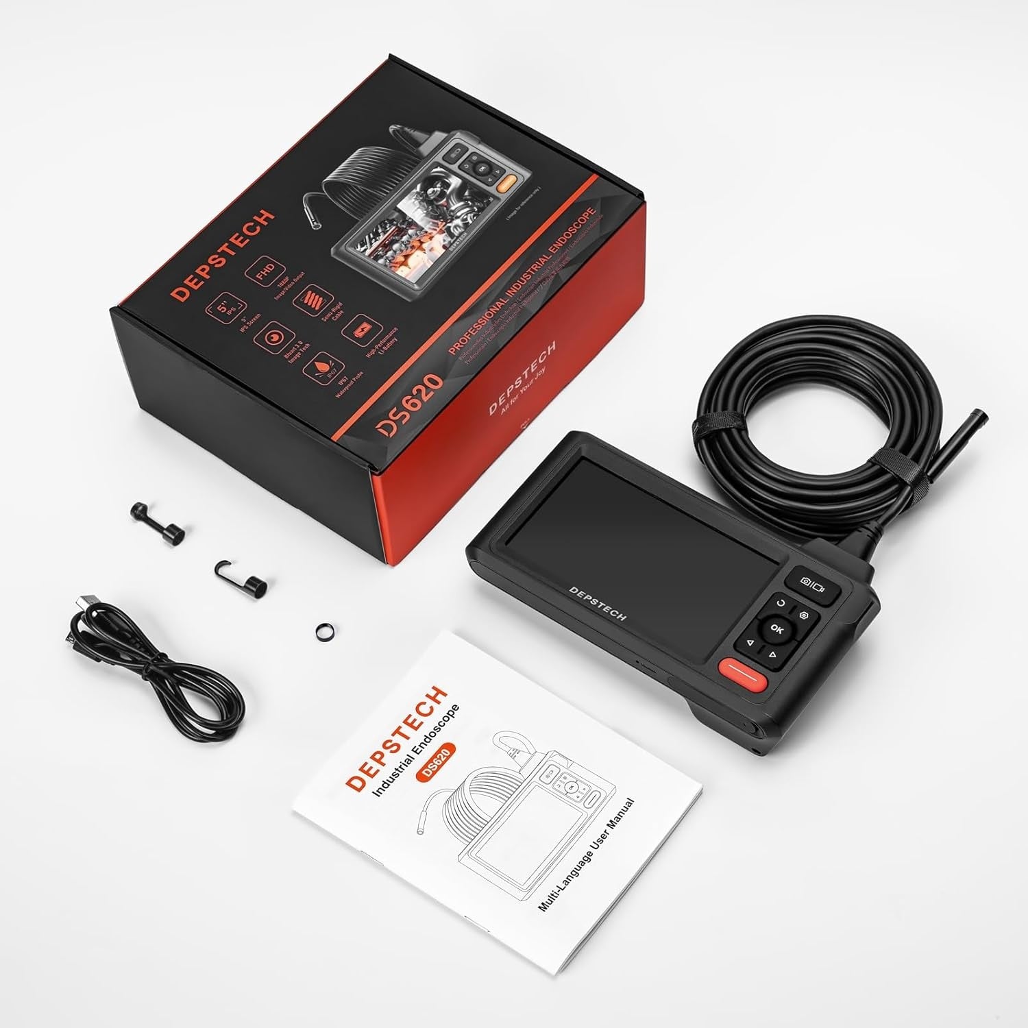 NÖRDIC Dual-Lens Endo-/Borescope 1080P digitaalinen tarkastuskamera, 5 m kaapeli 7,9 mm IP67 4,3" IPS-näyttö