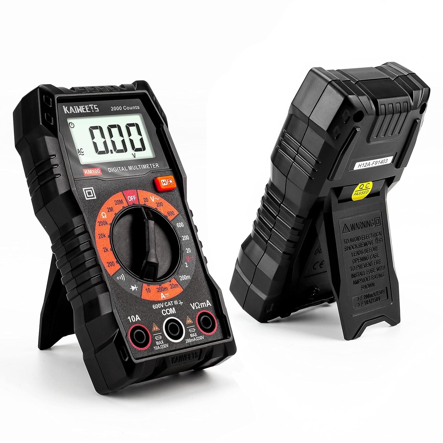 Digitaalinen yleismittari, DC-/AC-volttimittari, ohmi-, voltti- ja ampeerimittaus sekä jatkuvuus- ja diodijännitetesteri kotitalouspistorasioille