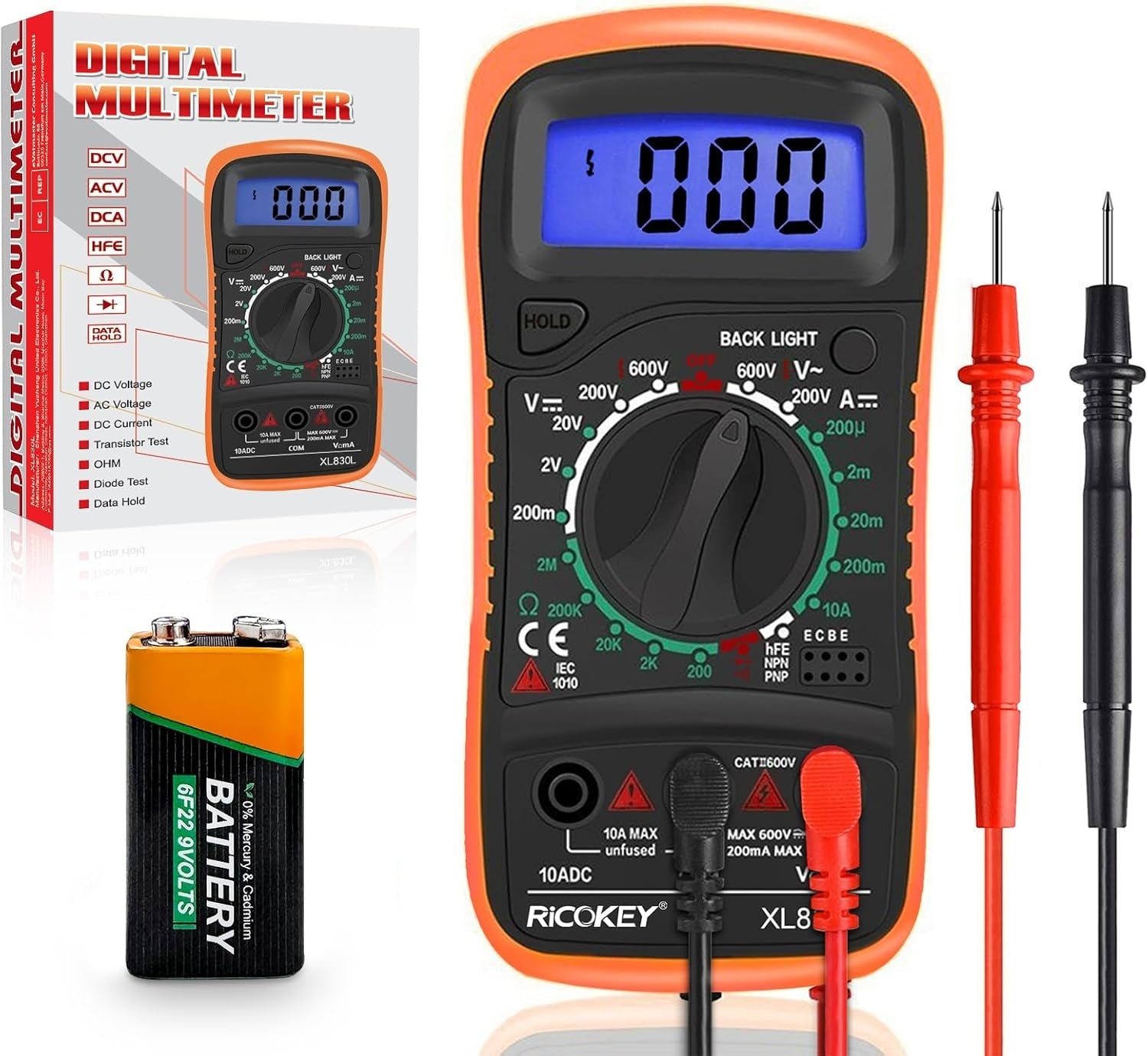 Digital Multimeter Voltmeter Battery Tester Voltage Tester Continuity Tester Ohm Volt Ampere Meter AC/DC Voltage Current Resistance Diode Transistor