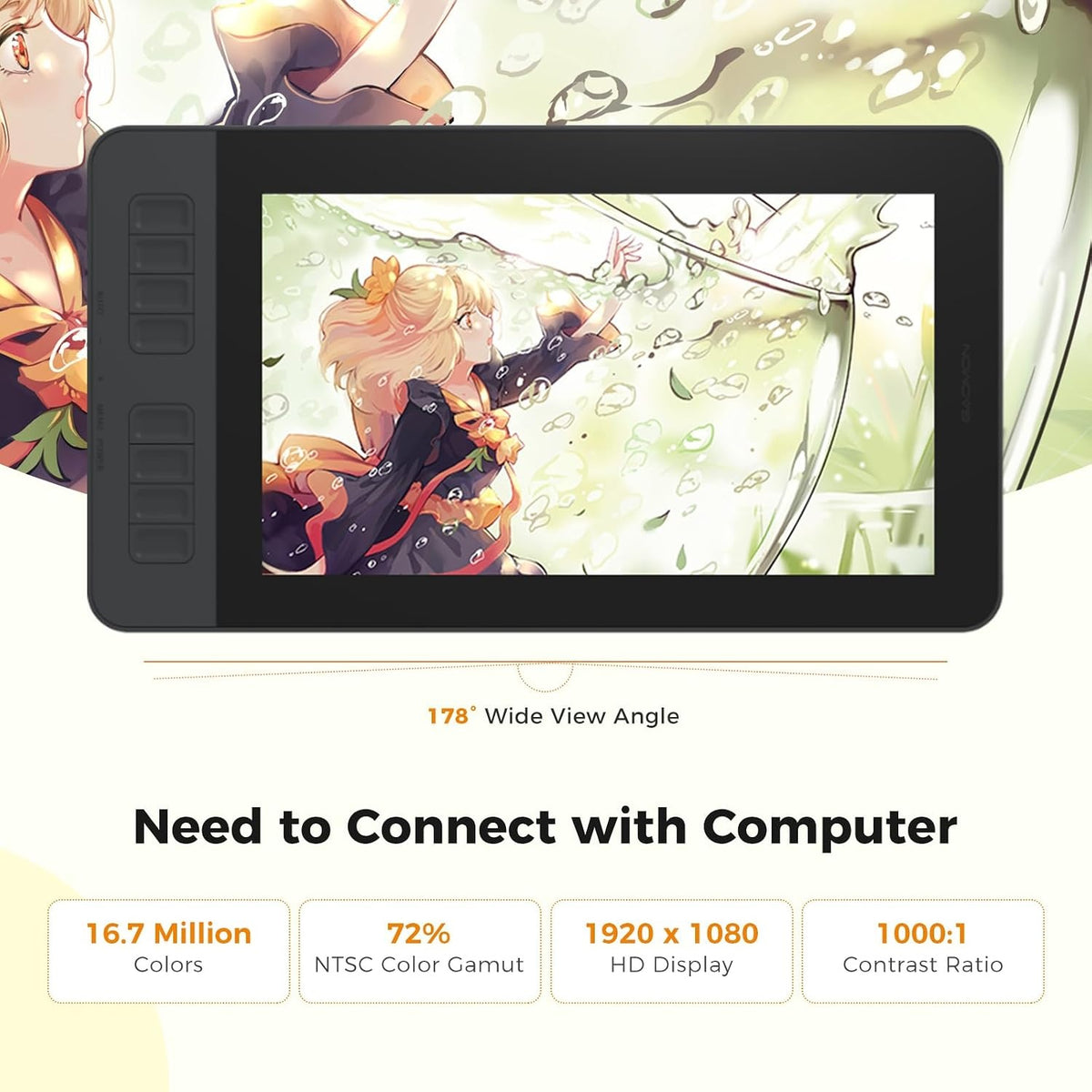 Drawing Tablet with Screen, Tilt, 8 Shortcut Keys, 11.6" FHD