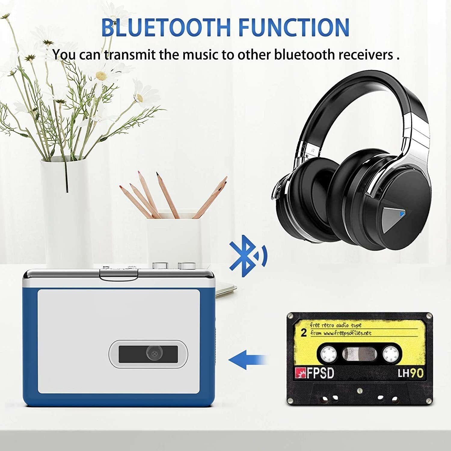 EZCAP Bluetooth-kasettisoitin, Walkman-nauhasoitin 3,5 mm:n ulostulolla ja kuulokkeet