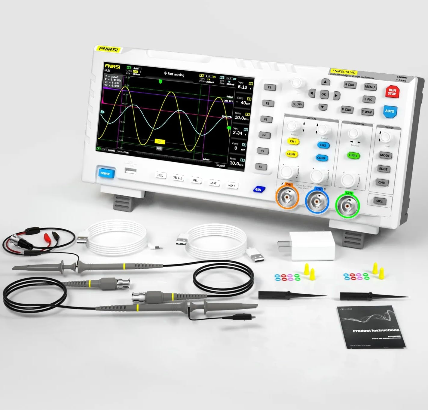 FNIRSI-1014D Työpöytä Osiloskooppi 100MHZ*2 1GS/s 2 in 1 Kaksikanavainen Digitaalinen Osiloskooppi 10MHZ Signaaligeneraattori