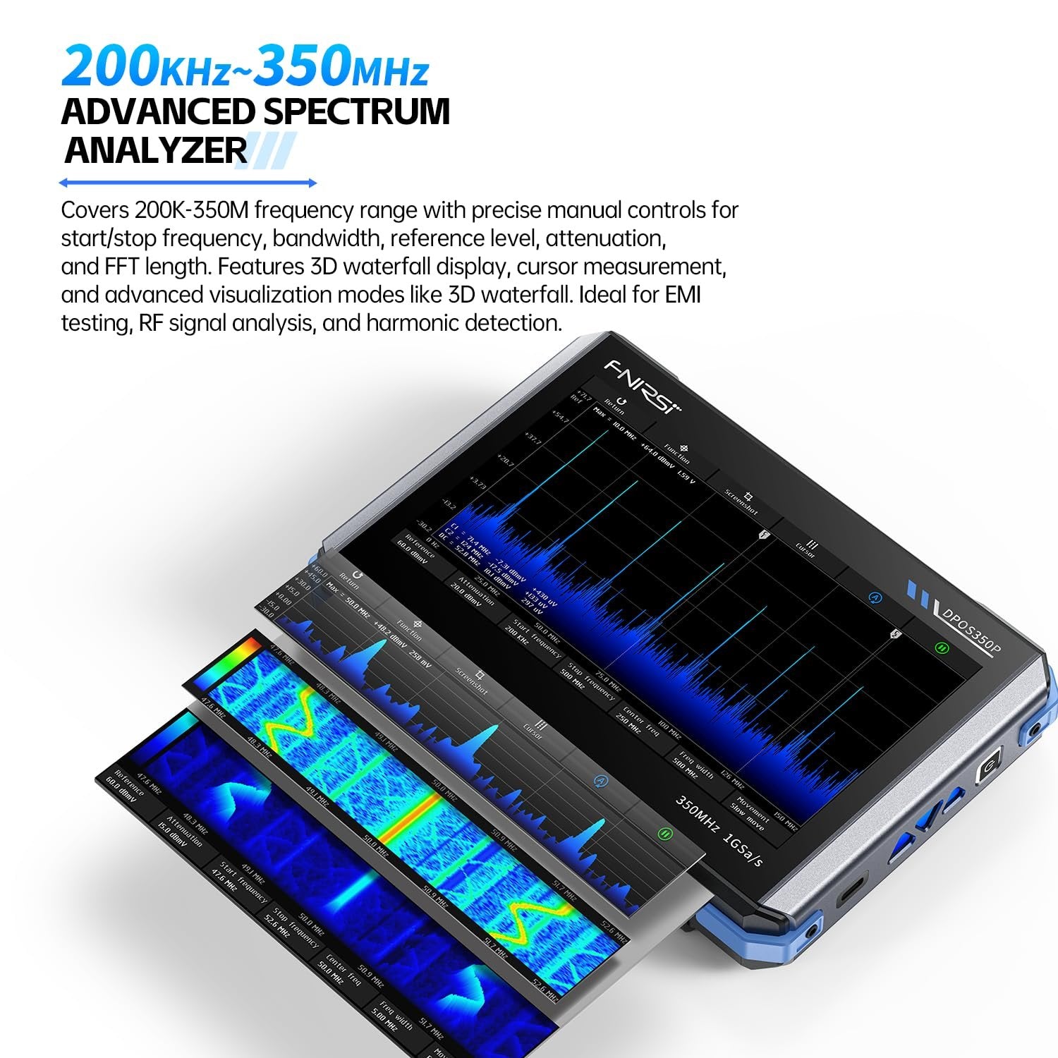 FNIRSI DPOS350P 4-in-1 Tabletti-oskilloskooppi 350MHz, Spektrianalysaattori 200KHz - 350MHz, Taajuusvasteen analysaattori DDS-generaattori, 2CH