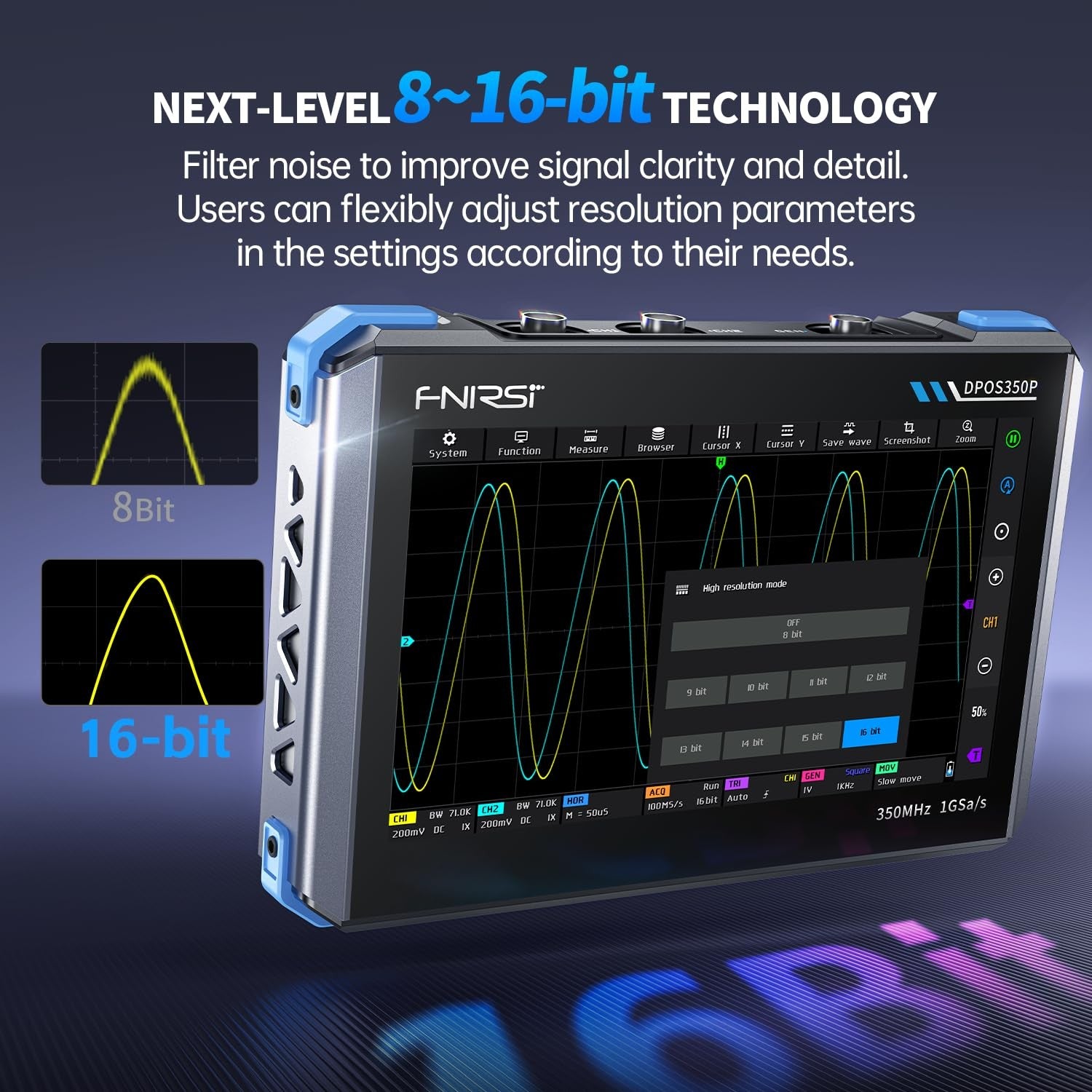 FNIRSI DPOS350P 4-in-1 Tabletti-oskilloskooppi 350MHz, Spektrianalysaattori 200KHz - 350MHz, Taajuusvasteen analysaattori DDS-generaattori, 2CH