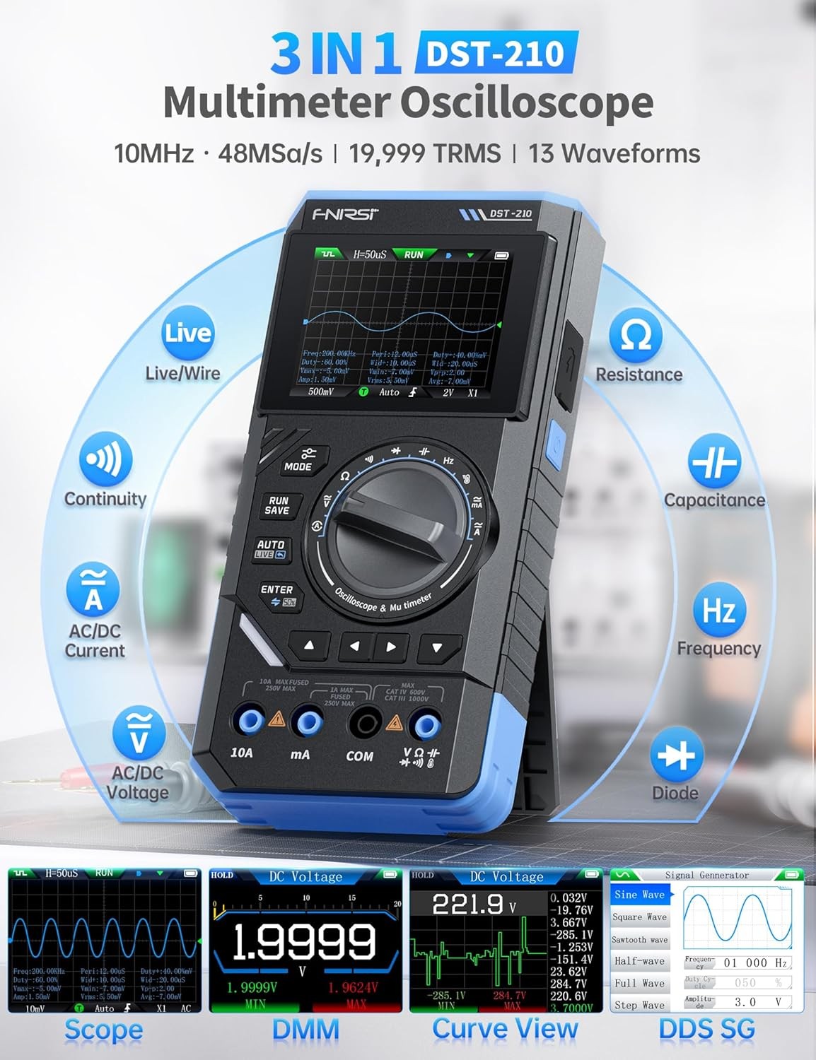 FNIRSI DST-210 Kädessä pidettävä Osiloskooppi 10MHz Kaistanleveys, 19999 Lukemat, Digitaalinen Osiloskooppi Multimetri DDS Generaattori 3IN1, 48MS/s Näytetaajuus