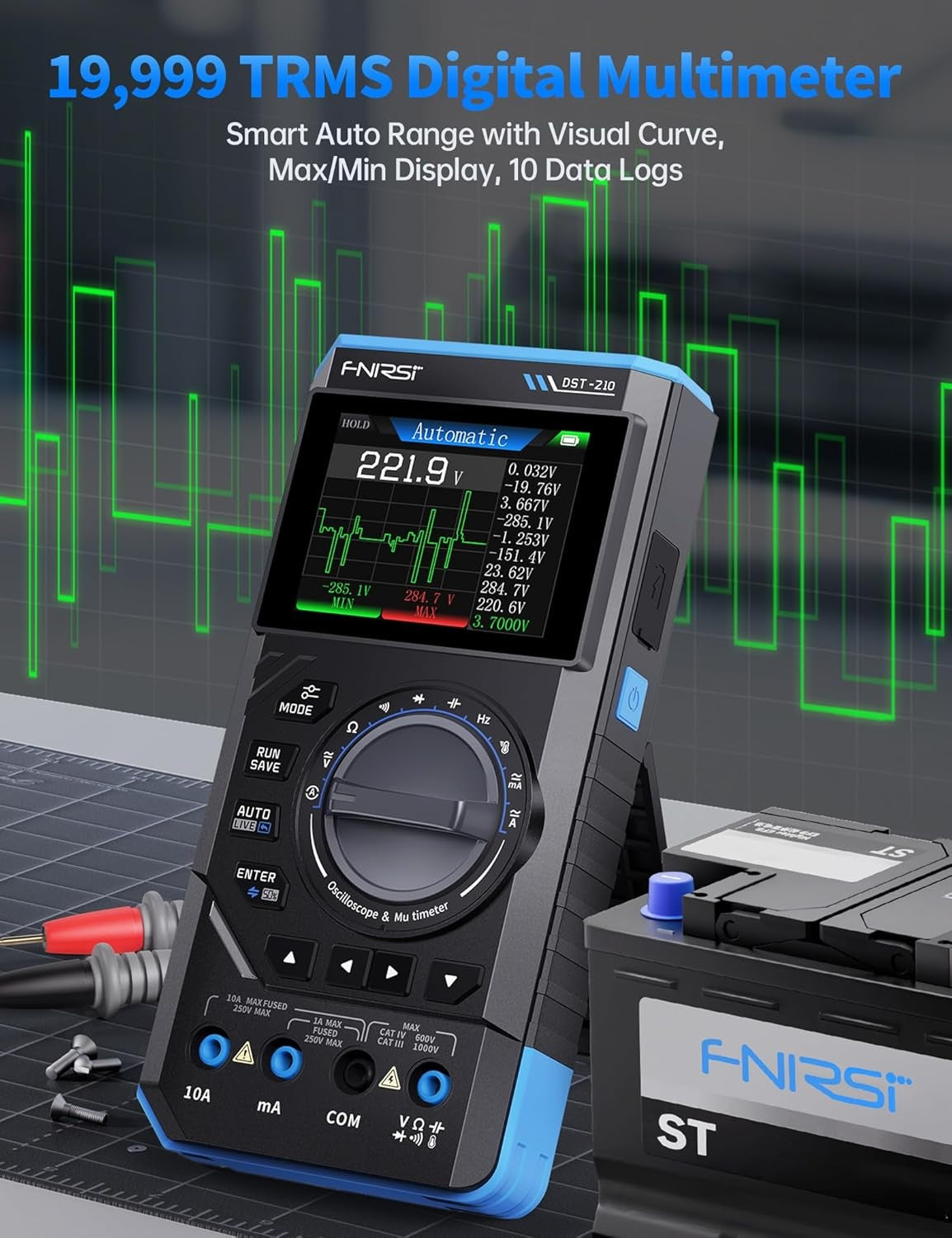 FNIRSI DST-210 Kädessä pidettävä Osiloskooppi 10MHz Kaistanleveys, 19999 Lukemat, Digitaalinen Osiloskooppi Multimetri DDS Generaattori 3IN1, 48MS/s Näytetaajuus
