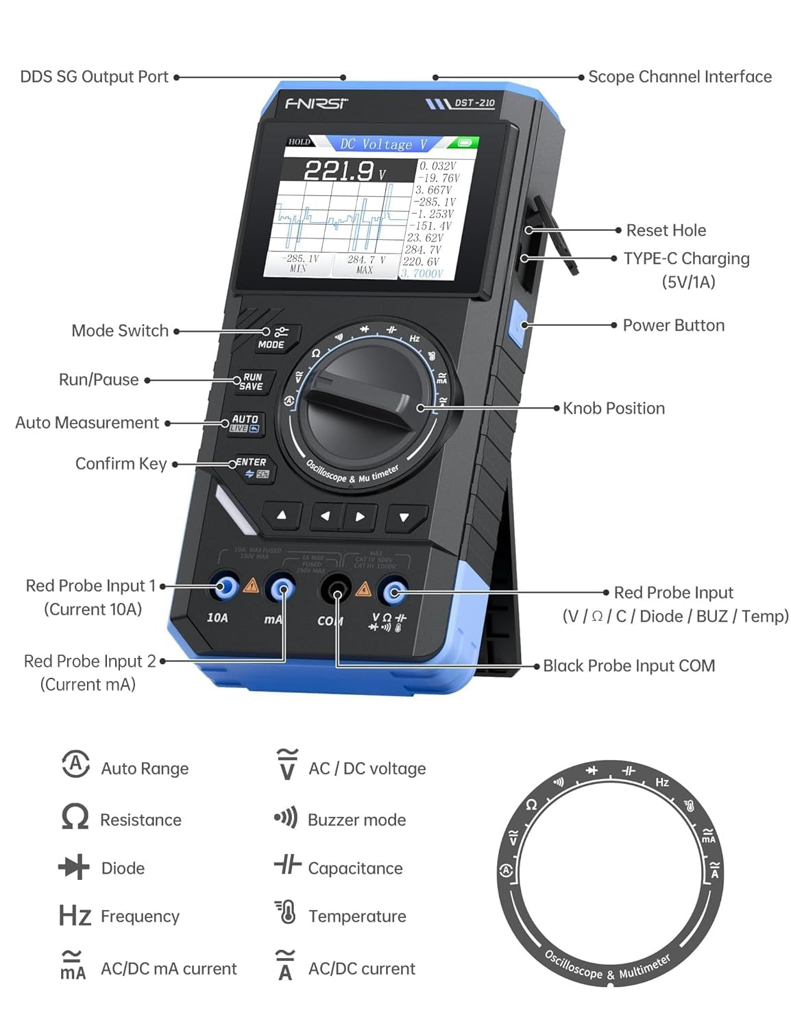 FNIRSI DST-210 Kädessä pidettävä Osiloskooppi 10MHz Kaistanleveys, 19999 Lukemat, Digitaalinen Osiloskooppi Multimetri DDS Generaattori 3IN1, 48MS/s Näytetaajuus
