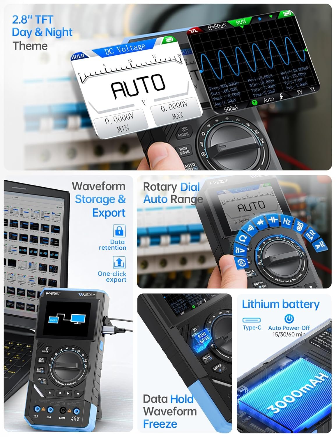 FNIRSI DST-210 Kädessä pidettävä Osiloskooppi 10MHz Kaistanleveys, 19999 Lukemat, Digitaalinen Osiloskooppi Multimetri DDS Generaattori 3IN1, 48MS/s Näytetaajuus