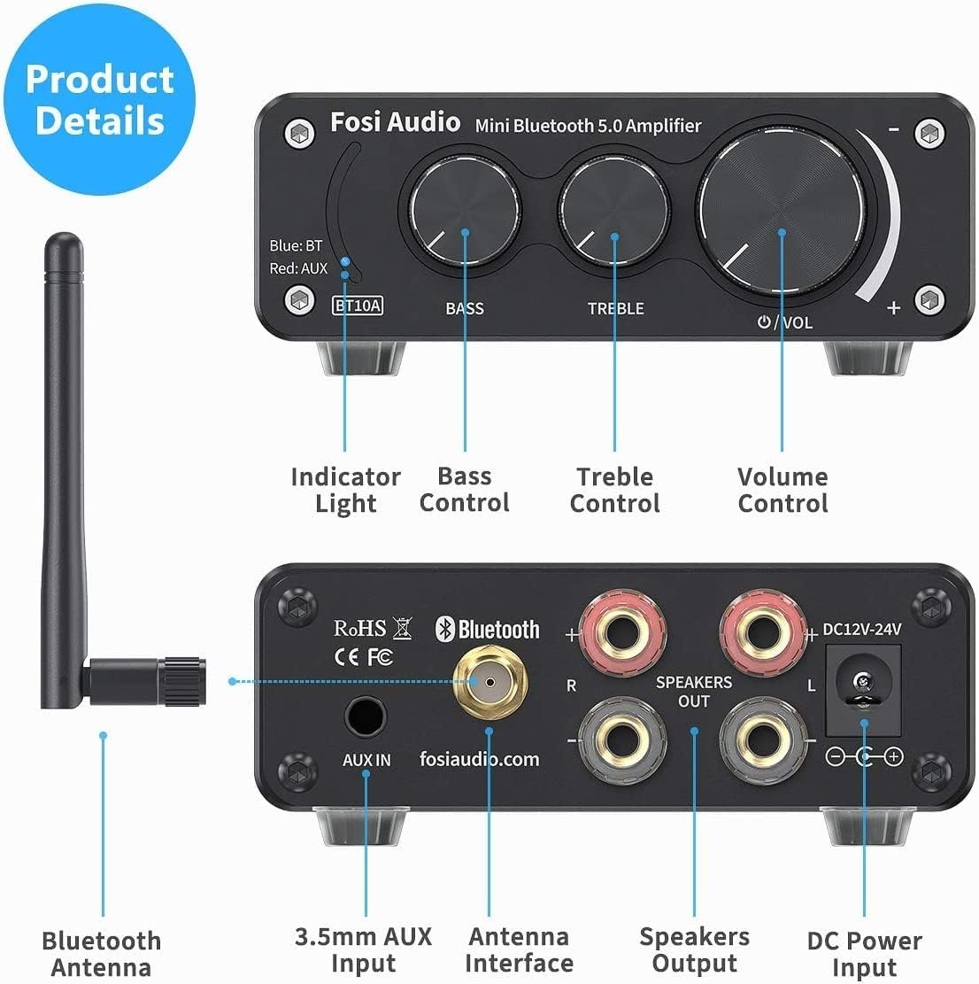 Fosi Audio BT10A Bluetooth 5.0 stereoäänivahvistin 2-kanavainen luokan D Mini Hi-Fi integroitu vahvistin kodin passiivikaiuttimille 50W x 2 TPA3116