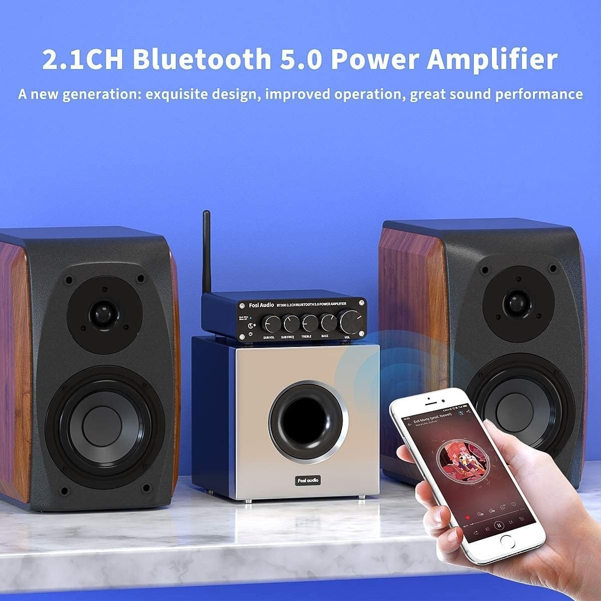 Fosi Audio BT30D Bluetooth 5.0 stereoäänivastaanotinvahvistin 2.1-kanavainen minihifi-luokan D integroitu vahvistin 2x50 wattia