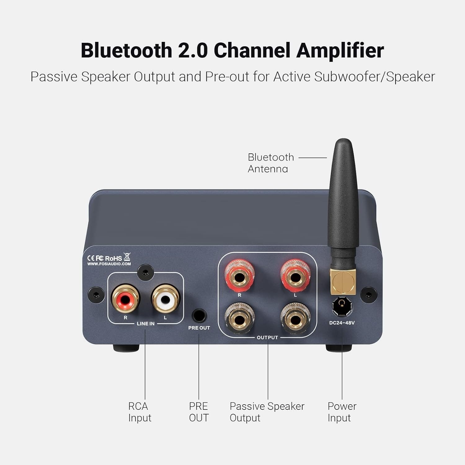 Fosi Audio Bluetooth 5.0 & R/L vahvistin 300W x2 äänenvoimakkuuden, basson ja diskantin säädöllä