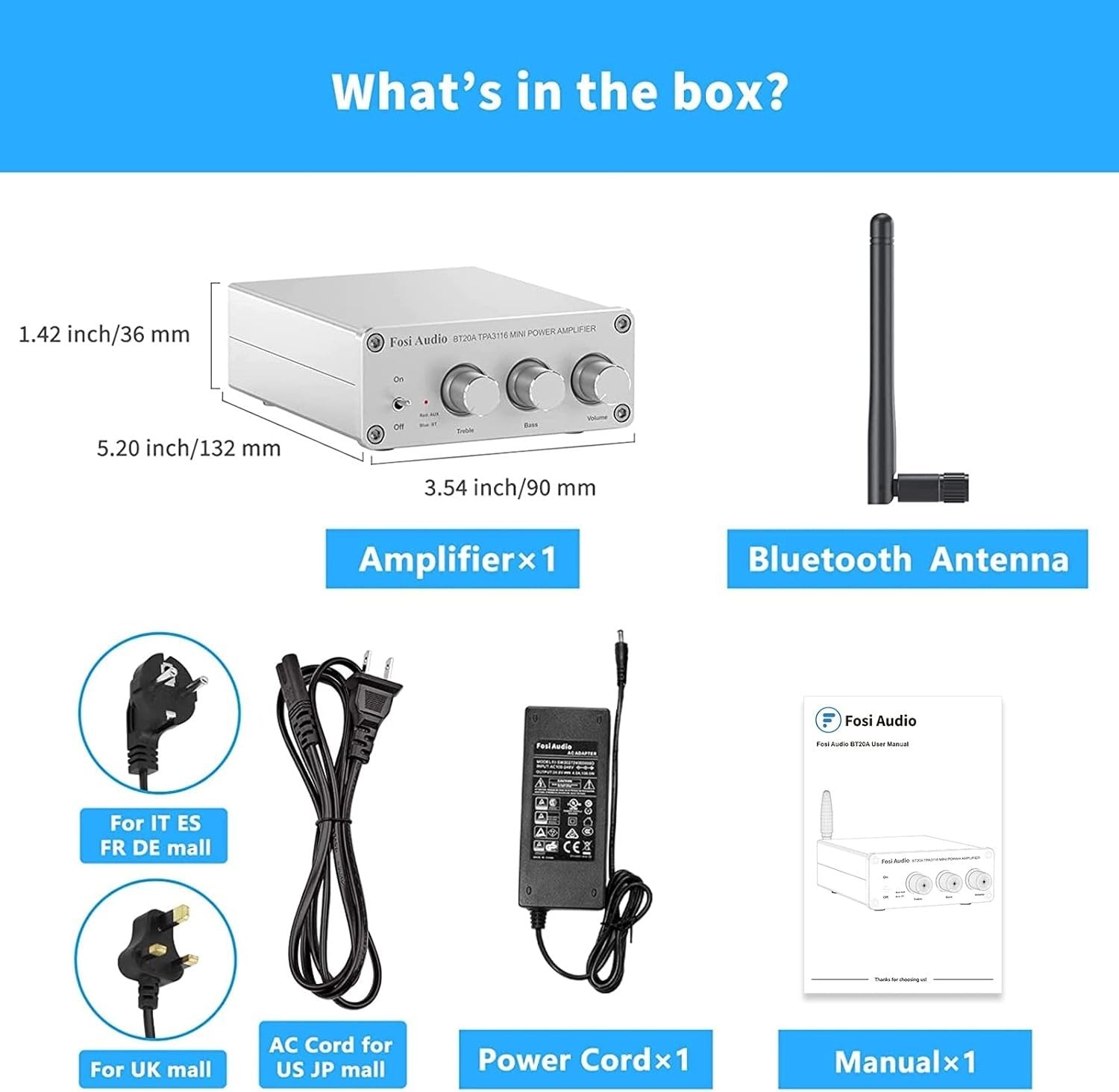 Fosi Audio Bluetooth 5.0 & R/L vahvistin 100 W x 2 äänenvoimakkuuden, basson ja diskantin säätimellä, valkoinen