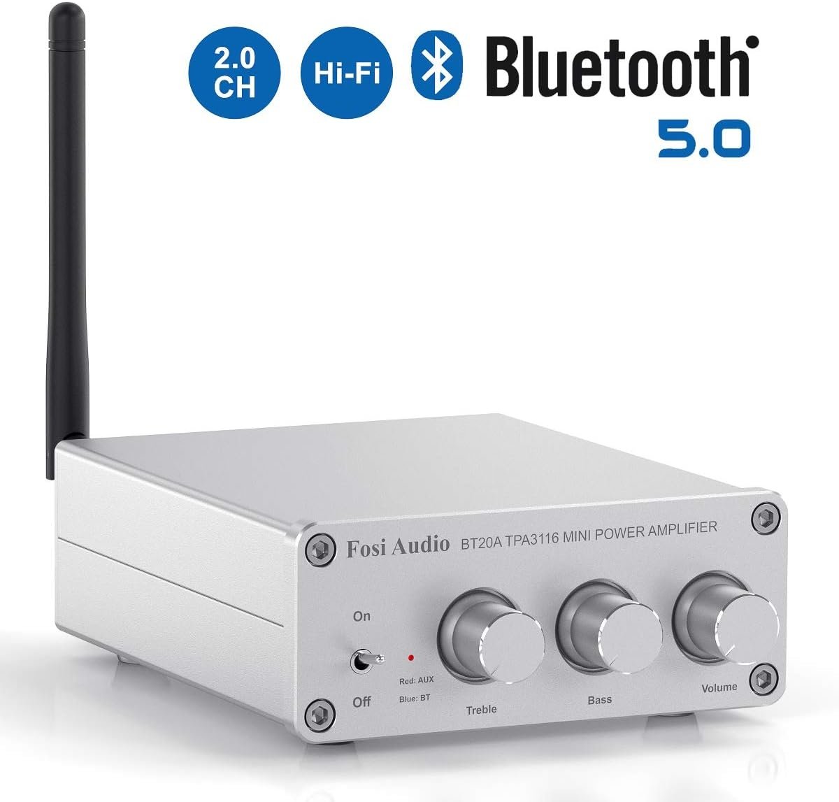 Fosi Audio Bluetooth 5.0 & R/L vahvistin 100 W x 2 äänenvoimakkuuden, basson ja diskantin säätimellä, valkoinen