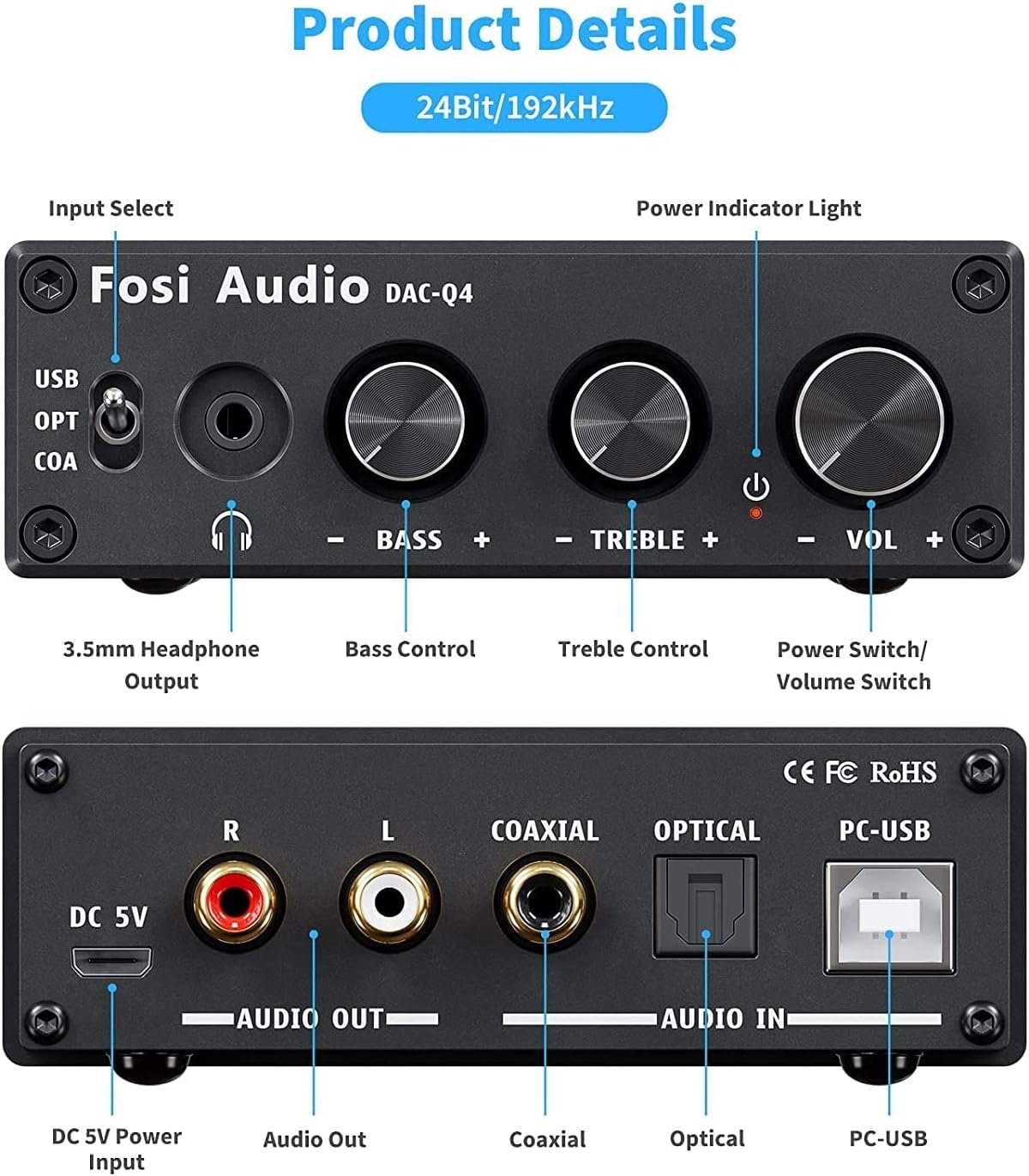 Fosi Audio Mini DAC ja kuulokevahvistin, 24-bittinen/192kHz USB/optinen/koaksiaalinen RCA/AUX-liittimeen