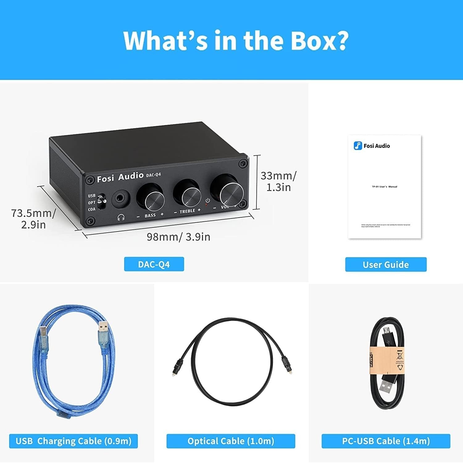 Fosi Audio Mini DAC ja kuulokevahvistin, 24-bittinen/192kHz USB/optinen/koaksiaalinen RCA/AUX-liittimeen