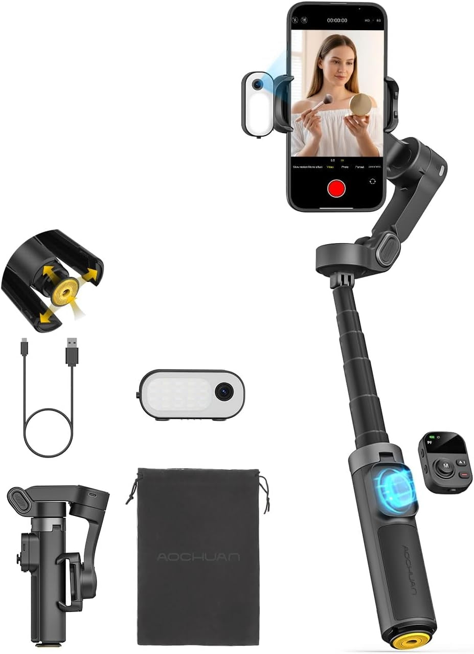 Käsikäyttöinen 3-akselinen tärinänvaimennettu gimbal-stabilisointilaite iPhonelle AI-seurantamoduuli täytevalolla Eleohjaus ja yhden painalluksen jalustan vapautus
