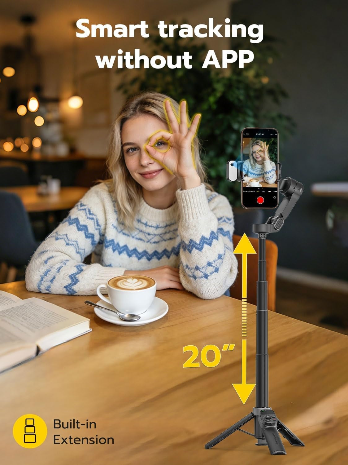 Käsikäyttöinen 3-akselinen tärinänvaimennettu gimbal-stabilisointilaite iPhonelle AI-seurantamoduuli täytevalolla Eleohjaus ja yhden painalluksen jalustan vapautus