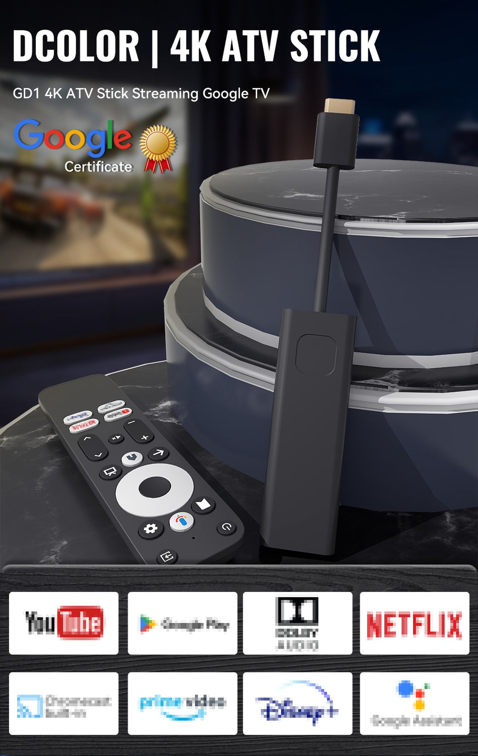 Google Certified TV Stick 4K HDR Android TV 14 WiFi Play Store Supports Netflix, YouTube, Disney+